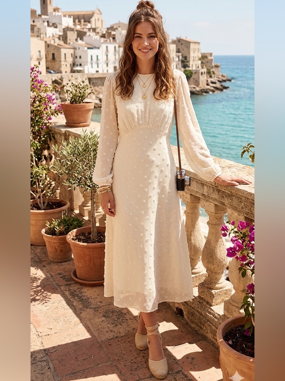 Chicwish Cream Long Sleeve Textured Midi Dress Size Medium